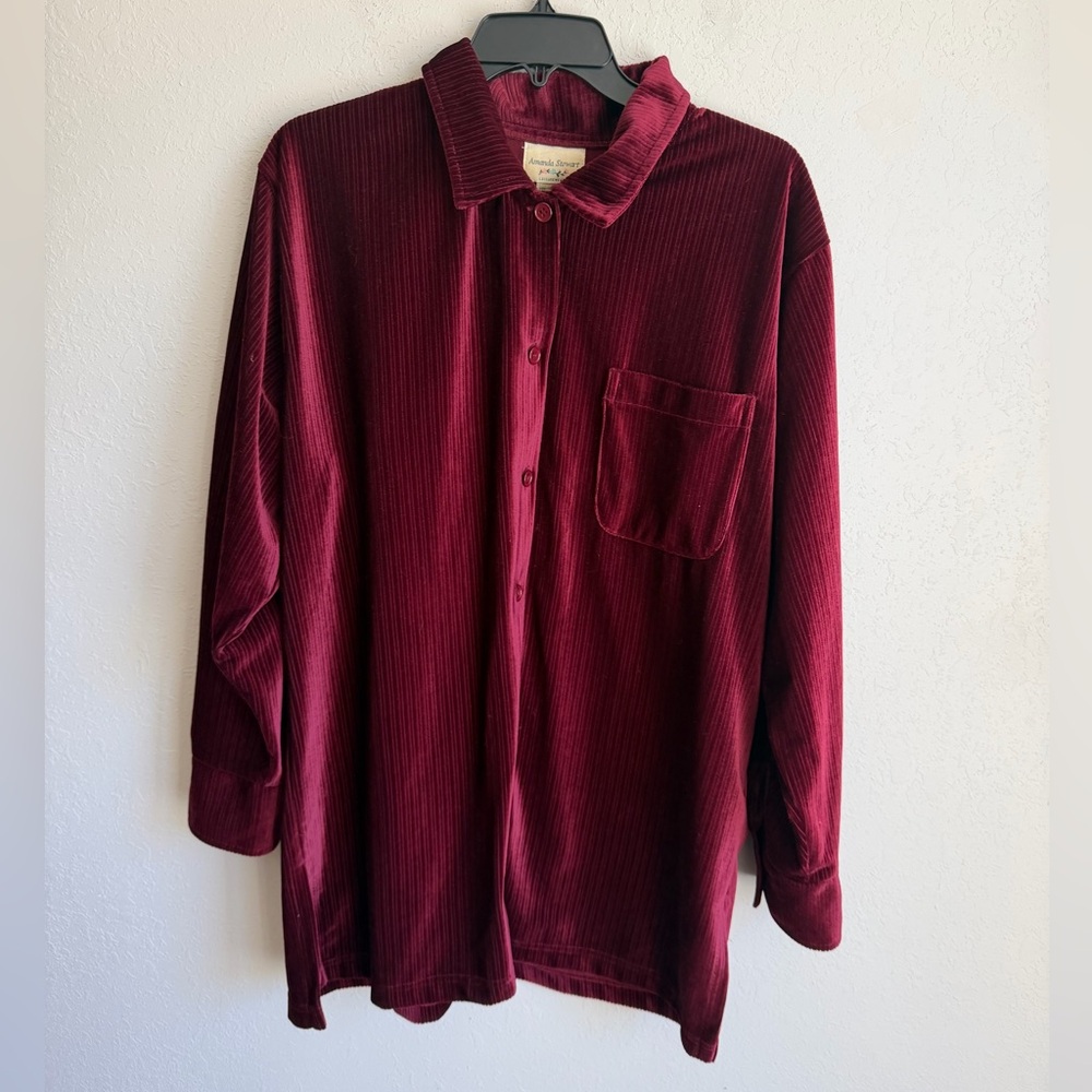 Amanda Stewart Leisurewear Wine Velvet Button Down Tunic Womens M Vintage 90s